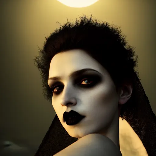 Image similar to photographic portrait of a stunningly beautiful gothic vampire female in soft dreamy moonlight, contemporary fashion shoot, by edward robert hughes, annie leibovitz and steve mccurry, david lazar, jimmy nelsson, breathtaking, 8 k resolution, extremely detailed, beautiful, establishing shot, artistic, hyperrealistic, beautiful face, octane render