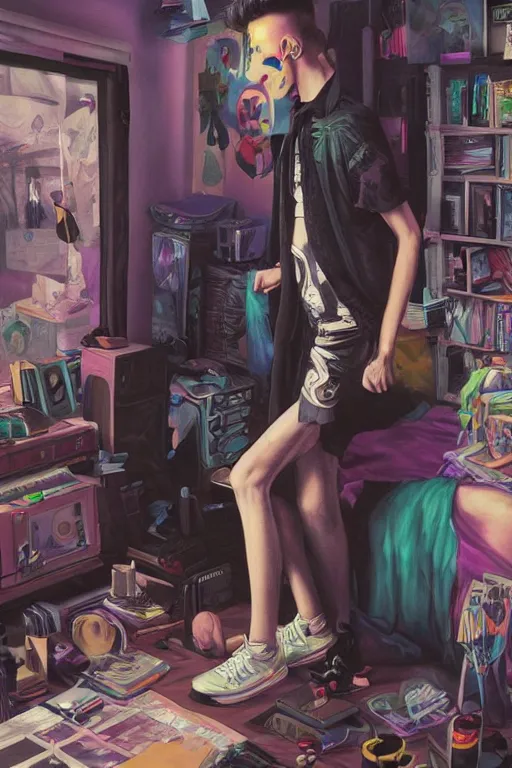 Image similar to a skinny goth guy standing in a cluttered 9 0 s bedroom, full body character concept art, vaporwave colors, digital painting, hd, ultra hd, detailed, award winning, small details, artgerm art, sabas apterus art,