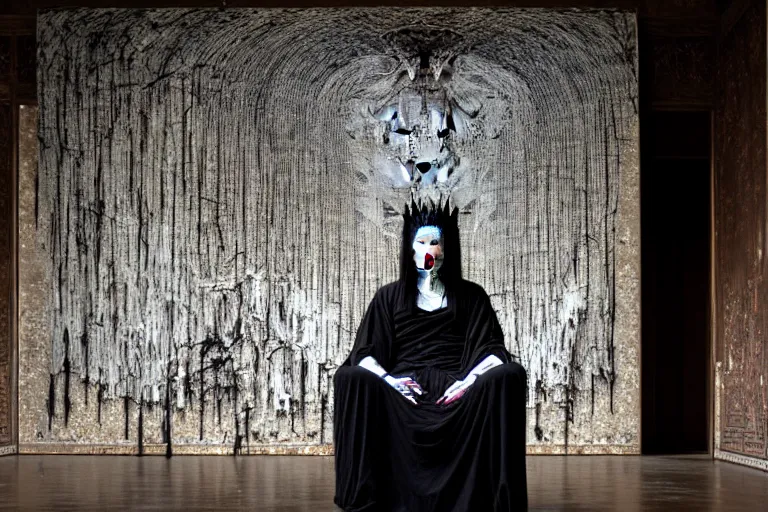 Image similar to vampire queen sitting on a throne in the abandoned buddhist temple, omnious, eerie, magnificent, wow, intricate, by nicola samori, by ryoji ikeda