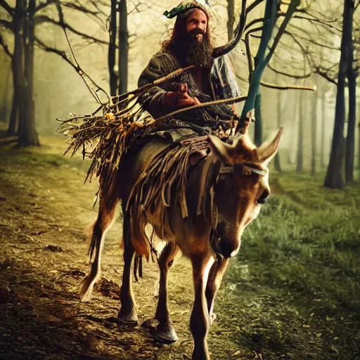 Image similar to hippie tribal hobo wearing twigs and leaves smiling sheepishly, riding tiny scuffy donkey with novelty oversized antlers, autumn forest, highly detailed, dramatic lighting, night time, cinematic, hyperrealistic, detailed, movie still from game of thrones