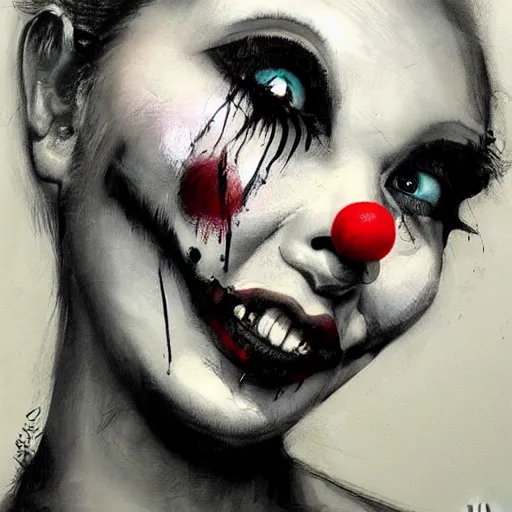 Prompt: Portrait of a young female Clown that has an expression of joy with black tears on his face by Guy Denning by Artgerm