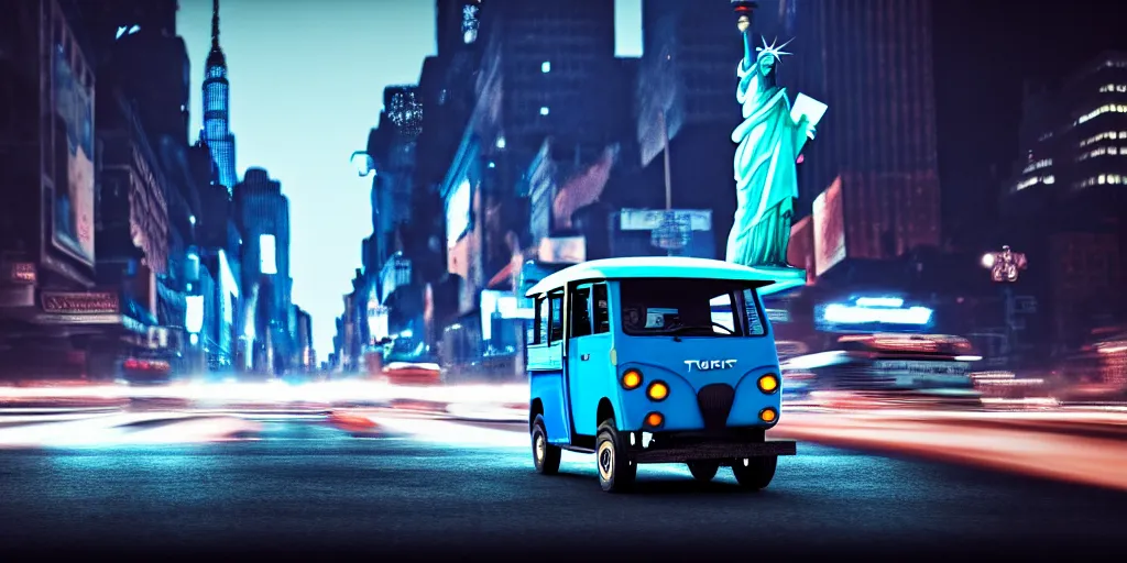 Image similar to an open frame blue tuk tuk going through a desolate manhattan city street at night, statue of liberty seen in the background, realistic 4 k octane beautifully detailed render, 4 k post - processing, highly detailed, detailed face, intricate complexity, epic composition, magical atmosphere, cinematic lighting, masterpiece, color picture, ultra hd