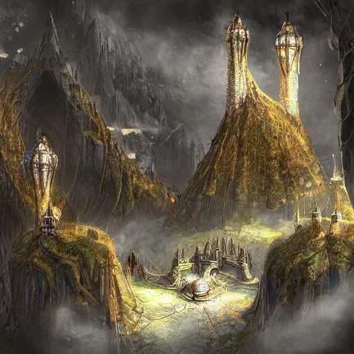 Image similar to subterranean dwarven kingdom, impressive architecture, high-detail, fantasy world, digital art