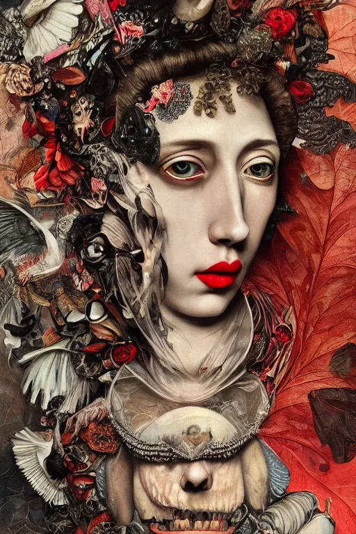 Prompt: Detailed maximalist portrait with large lips and wide white eyes, angry expression, HD mixed media collage, highly detailed and intricate, surreal, illustration in the style of Caravaggio and James Jean, dark art, baroque