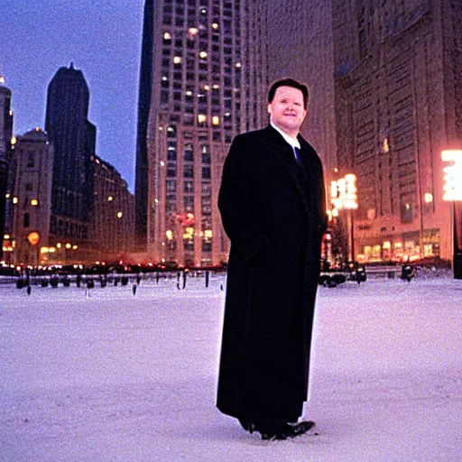 Prompt: 1 9 9 8 andy richter wearing a black wool coat over a black suit and necktie standing on the streets of chicago at night in winter.