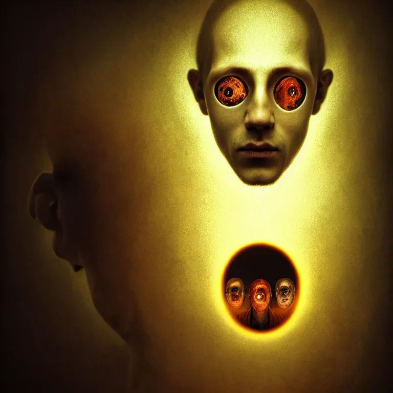 Image similar to symmetrical portrait of beautiful man covered with eyes inside holes, embryos, by hieronymus bosch, lucid dream - like heavy atmosphere, baroque painting, perfect composition, detailed octane render trending on artstation, 8 k artistic photography, volumetric cinematic perfect light, chiaroscuro, masterpiece, raphael, caravaggio, beksinski, rutkowski