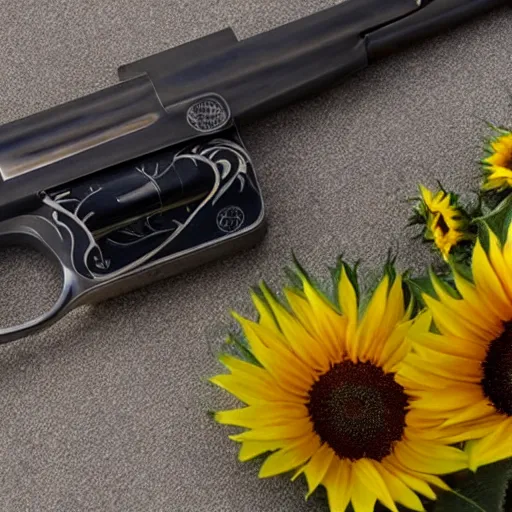 Prompt: A gun with sunflower engravings.