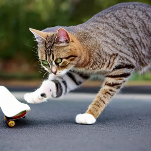 Prompt: a cat skateboarding on cat food