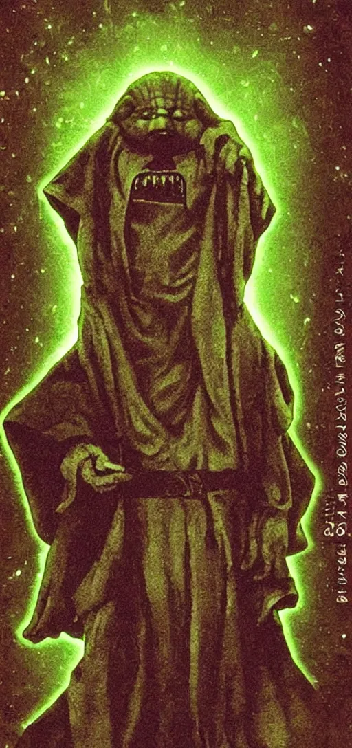 Prompt: a nicely lit creepy scary mysterious high definition digital 8 0 mm photo of jar jar binks yoda zardoz boba fett priest lord holy man ancient engraving about aliens and marijuana