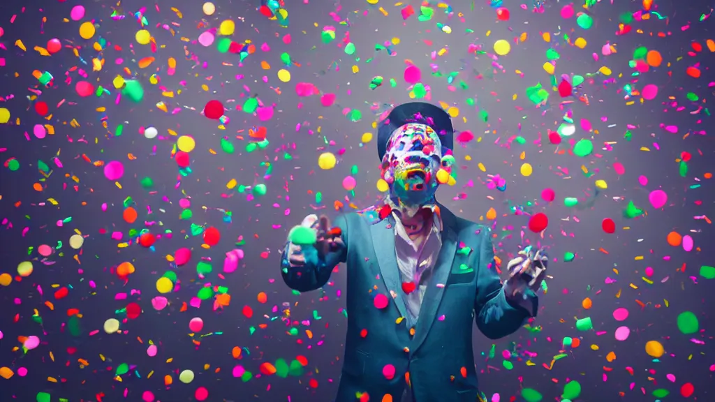 Prompt: A clown spraying confetti from his pants, by Beeple, hyperrealistic, Cryengine 8k UHD
