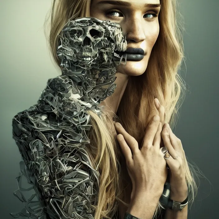 Image similar to portrait of rosie huntington-whiteley as a skull in a suit. intricate abstract. intricate artwork. nightmare fuel. by Tooth Wu, wlop, beeple, dan mumford. octane render, trending on artstation, greg rutkowski very coherent symmetrical artwork. cinematic, hyper realism, high detail, octane render, 8k, iridescent accents