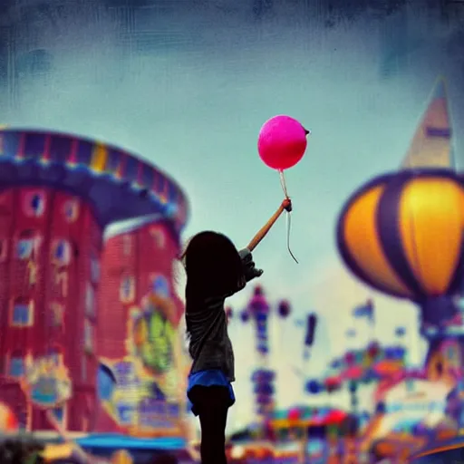 Prompt: a girl holding a balloon at a fairground. buildings with graffiti in the background. silhouette. photograph in the style of simon stalenhag