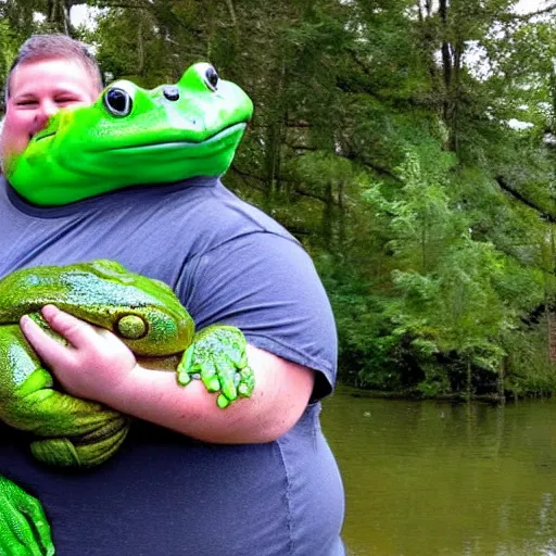 Image similar to fat man holding worlds largest fat frog which is screaming