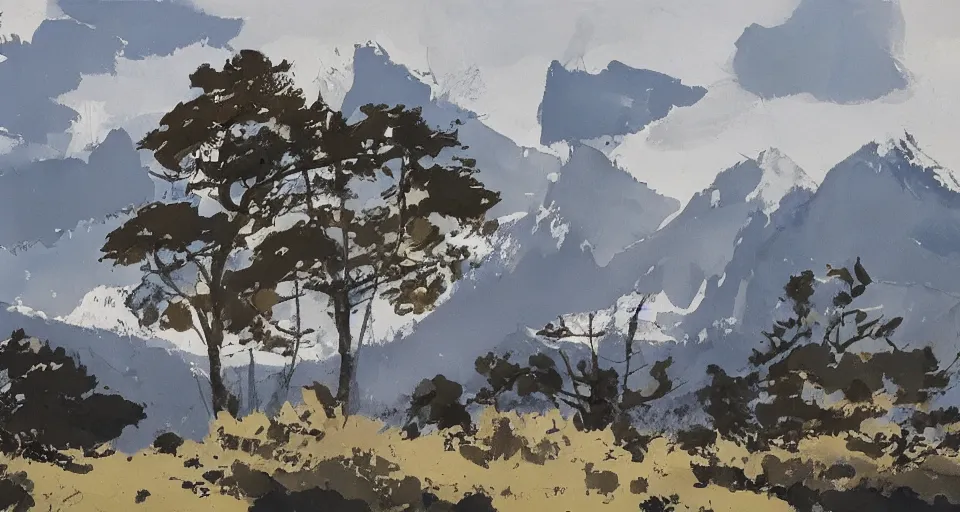 Prompt: a beautiful landscape with trees and mountains, by ashley wood