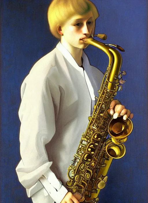 Image similar to Beautiful half body portrait of a young blond man playing sax wide view, intricate, elegant, digital painting, ilustratiom, artwork by Vermeer and alphonse mucha, serene funky fractal soft background