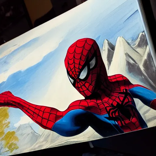 Image similar to a closeup photorealistic photograph of bob ross working on a canvas painting of spiderman. film still. brightly lit scene. mountains and trees. this 4 k hd image is trending on artstation, featured on behance, well - rendered, extra crisp, features intricate detail, epic composition and the style of unreal engine.