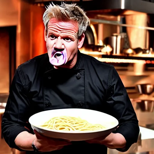 Image similar to < photo hd trending > gordon ramsey literally foaming at the mouth with hunger after seeing a gigantic bowl of spaghetti < / photo >