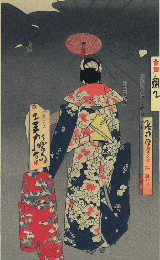 Prompt: by akio watanabe, manga art, female artist walking in kyoto street, kimono, trading card front