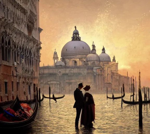 Image similar to photography of a 1 8 th couple in venice with fireworks, deep focus, intricate, elegant, highly detailed, digital painting, artstation, concept art, matte, sharp focus, illustration, art by artgerm and greg rutkowski and alphonse mucha and gil elvgren