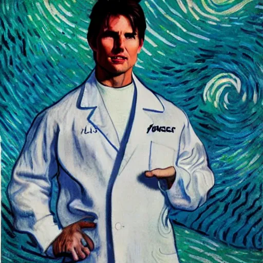 Image similar to Tom Cruise in white lab coat by Van Gogh