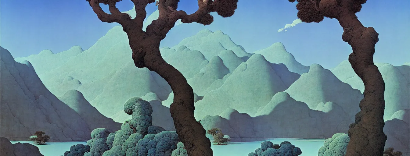 Image similar to a gorgeous very early spring blue desert painting by barlowe wayne maxfield parrish and marco mazzoni. tree no leaf!!!! china mountain village!! grey blue and very little light verdancy. ultra clear detailed. 3 d, octane render. turbulent blood lake.