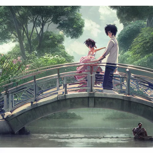 Image similar to a couple sitting on the bridge close to the river with a lot of water lily made by studio ghibli highly detailed, digital painting, artstation, concept art, smooth, sharp focus, illustration, art by artgerm and greg rutkowski and alphonse mucha