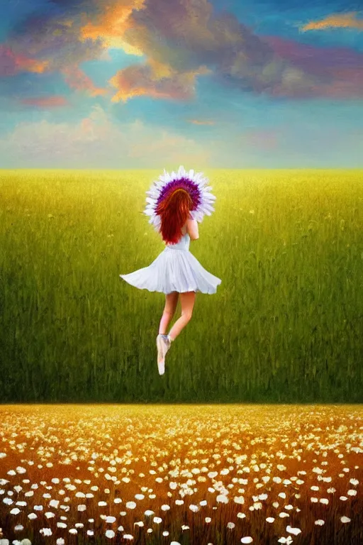Image similar to giant white daisy flower as head, girl dancing in a flower field, surreal photography, sunrise, dramatic light, impressionist painting, colorful clouds, digital painting, artstation, simon stalenhag