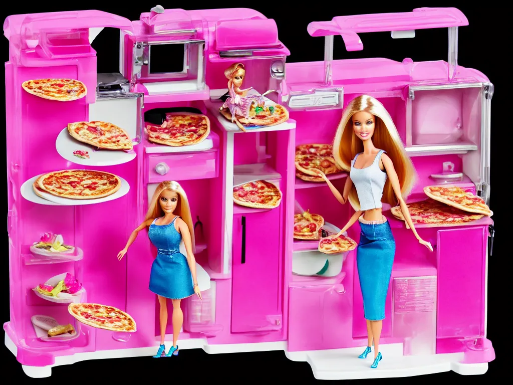 Prompt: still film, your mom in barbie, high resolution, pizza, 5 0 s, ice cream parlor