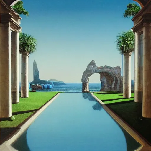 Prompt: David Ligare masterpiece, hyperrealistic surrealism, award winning masterpiece with incredible details, beautiful lighting, pool caustics, illuminated orbs, epic stunning, infinity pool, a surreal vaporwave liminal space, highly detailed, trending on ArtStation, broken giant marble head statue ruins, calming, meditative, geometric liminal space, palm trees, very vaporwave, very very surreal, sharp details, giant gold rings