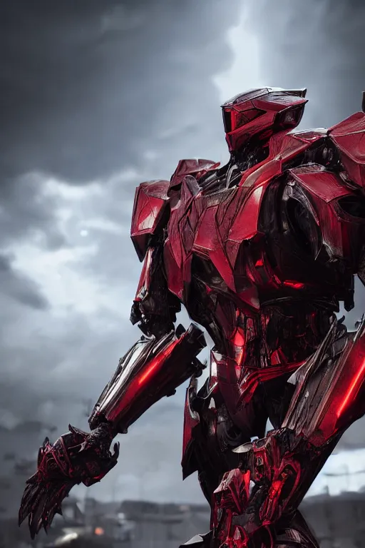 Image similar to hyper detailed cinematic rendering with volumetric lightning and ray tracing, azure crimson skinny full body armored core, weathering armor plating, endoekeleton exposure, 8 k, octane render, unreal engine, ray tracing