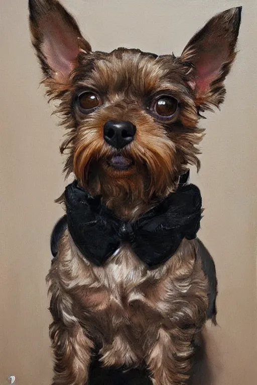 Image similar to tan schnauzer chihuahua mix, big mustache, mangy, painting by jc leyendecker!! phil hale!, angular, brush strokes, painterly, vintage, crisp