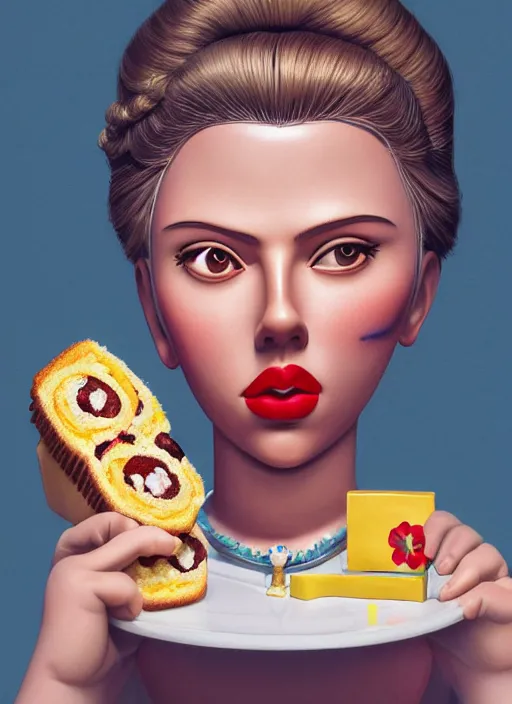 Image similar to closeup portrait of tin toy scarlett johansson eating cakes, depth of field, zeiss lens, detailed, symmetrical, centered, fashion photoshoot, by nicoletta ceccoli, mark ryden, lostfish, earl nore, hyung tae, frank frazetta, breathtaking, 8 k resolution, extremely detailed, beautiful, establishing shot, artistic, hyperrealistic, octane render