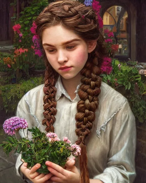 Prompt: beautiful boy flower seller in courtyard, intricate braided hair, small nose, curvy figure, soft lighting, highly detailed face, sharp focus, artstation, dnd, sophie anderson, arnold armitage, loish,