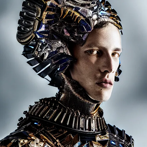 Image similar to a portrait of a beautiful young male wearing an alexander mcqueen armor made of plasma , photographed by andrew thomas huang, artistic