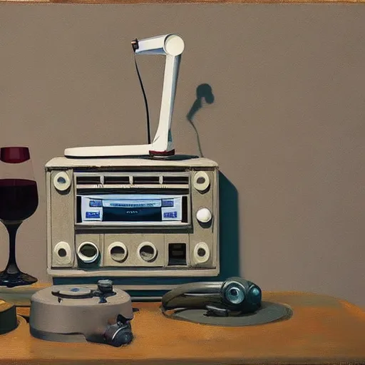 Image similar to an achingly beautiful still life featuring an old Radio with red wine , very coherent, painted by Edward Hopper, Wayne Barlowe, painted by James Gilleard, airbrush, art by JamesJean