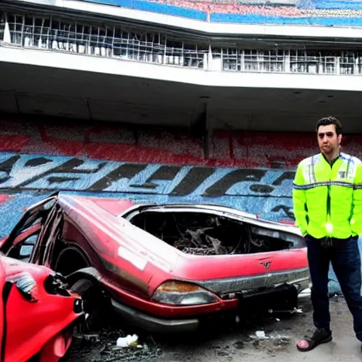 Prompt: xavi hernandez next to a crashed car, in estadio de vallecas