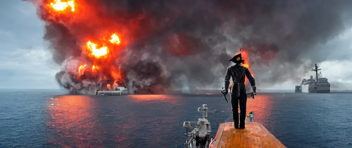 Image similar to a pirate standing on the edge of the ship, big explosion on the background, dramatic atmosphere