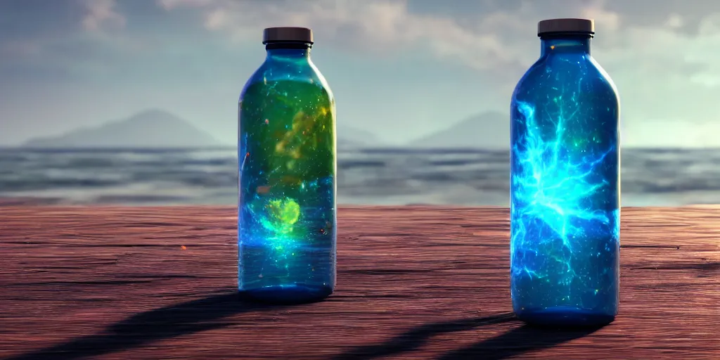 Image similar to a supernova inside a water bottle on a wooden table, hyperrealistic, concept art, octane render, unreal engine 5, trending on artstation, high quality, highly detailed, 8 k hdr, soft lighting, path traced, a beach at sunset in the background, bloom, high coherence, symmetrical, high contrast, digital art, serene landscape, cinematic