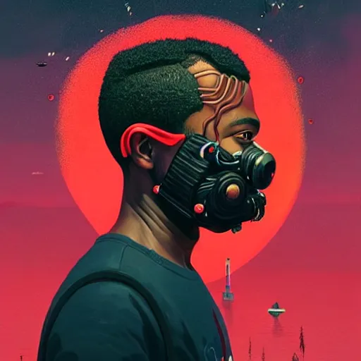 Image similar to a portrait of a black man :: side profile :: blood :: background sea :: intricate details :: futuristic oxygen mask :: 8k :: simon stalenhag and Sandra Chevrier