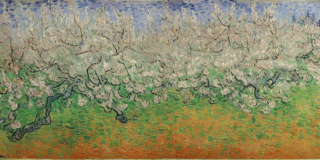 Prompt: a peach blossom forest, the fallen flowers are colorful, the forest runs out of water, there is a mountain, and the mountain has a small mouth, as if there is light. by Vincent van Gogh