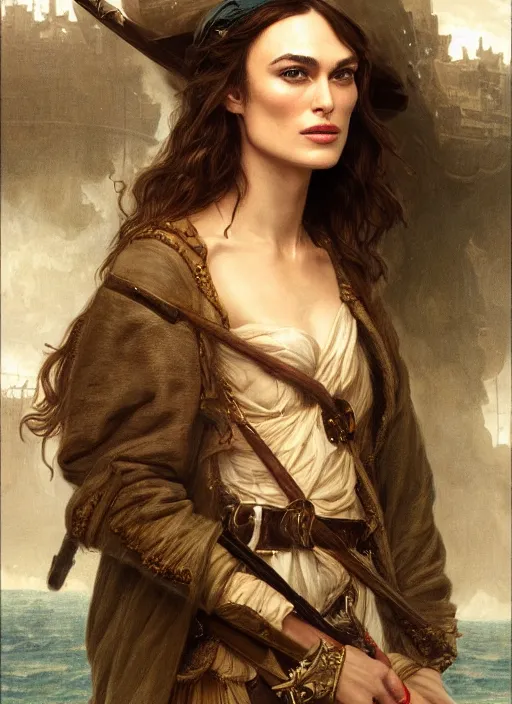 Image similar to portrait Keira Knightley as sea pirate on a ship, full length shot, shining, 8k highly detailed, sharp focus, illustration, art by artgerm, mucha, bouguereau