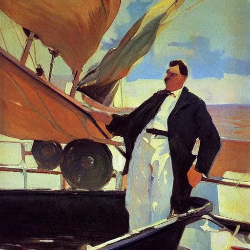 Prompt: sorolla's painting of the downbeat scientist on a boat