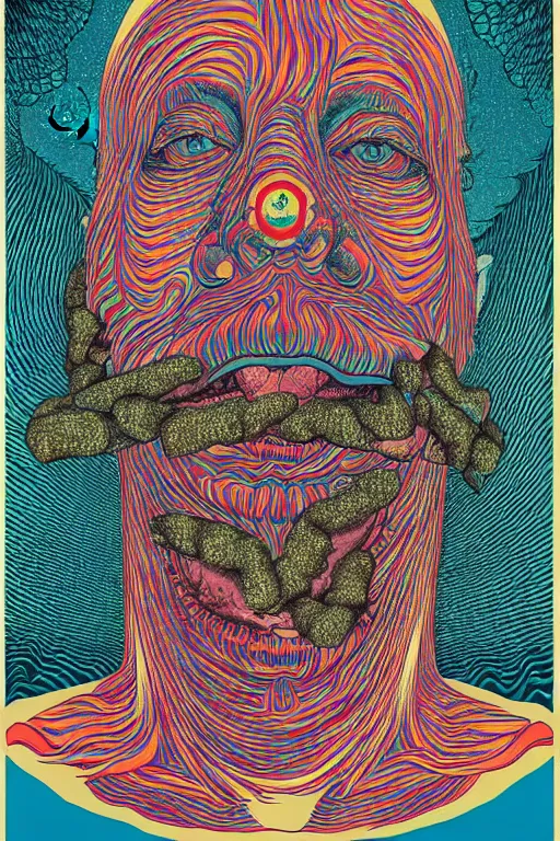 Image similar to man eats a tab of LSD acid on his tongue and dreams psychedelic hallucinations, screenprint by kawase hasui, alex grey and dan hillier, colorful flat surreal design, hd, 8k, artstation