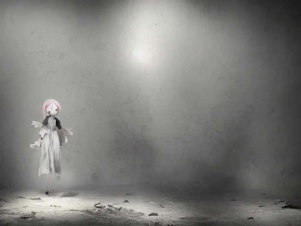 Image similar to cute fumo plush girl ghost in a mysterious concrete wartorn brutalist ruin, chibi gothic wraith maiden of the afterlife, dramatic three point lighting, glowing wisps of hazy smoke and volumetric fog swirling about, production volume rendering, vray