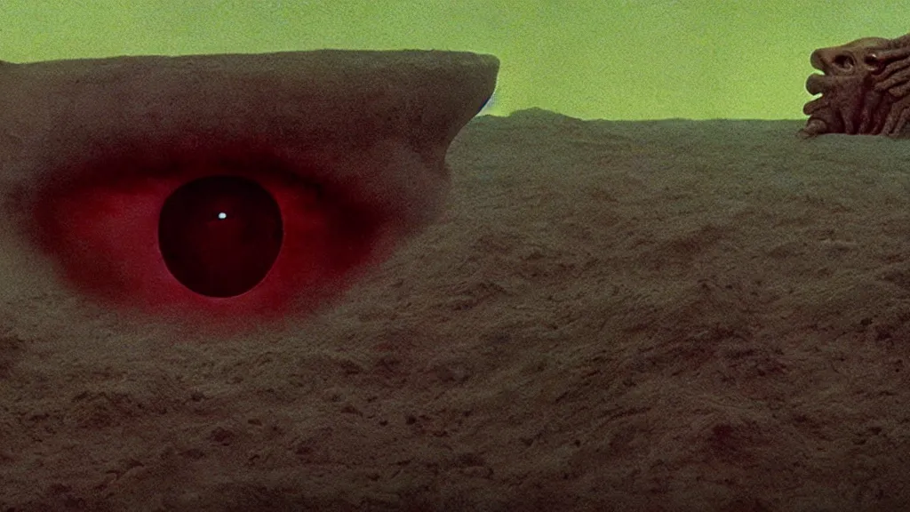 Prompt: the strange creature from my eye, film still from the movie directed by denis villeneuve and david cronenberg with art direction by salvador dali and zdzisław beksinski, wide lens