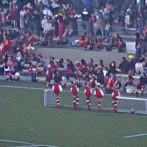 Prompt: clowns coming out of a small car in the middle of a soccer stadium while the game was happening, wide shot, phone quality, picture taken from the stadium bleachers, little fog, the soccer players are shocked