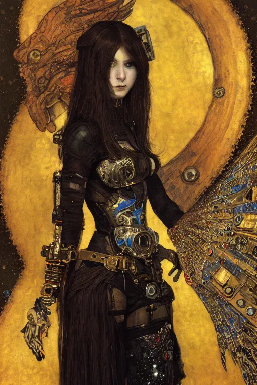 Image similar to portrait of beautiful young gothic maiden, cyberpunk, Warhammer, highly detailed, artstation, illustration, art by Gustav Klimt