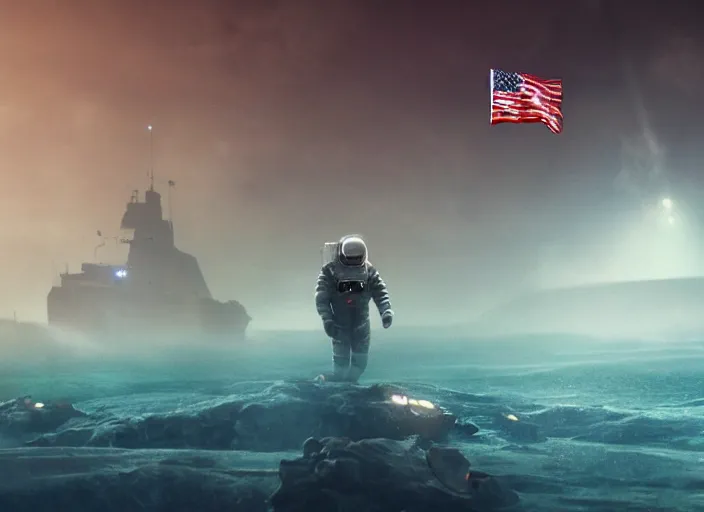 Image similar to astronaut holding a flag in an underwater desert. a submarine is visible in the distance. dark, concept art, cinematic, dramatic, atmospheric, 8 k, trending on artstation, blue, fish, low visibility, fog, ocean floor, christopher nolan, interstellar