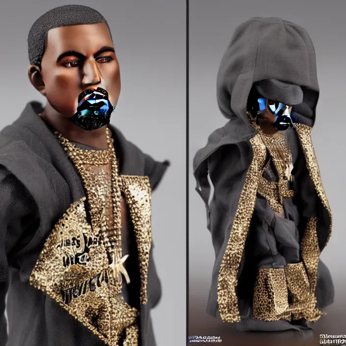 Image similar to a hot toys figure of kanye west using a black religious - themed face - covering mask with jesus graphics designed by pierre - louis auvray made of cloth, a black shirt, a blue puff undersized round jacket and black rubber boots, figurine, detailed product photo