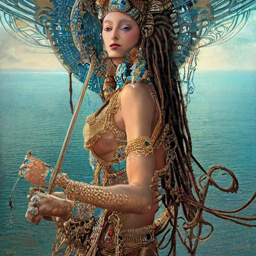 Image similar to intricate detail, hyper detail, lady of elche techno mystic goddess princess intergalactica, goddess kali maa, with aqua neon rapunzel dreadlocks, mami wata, detailed, by gaston bussiere, bayard wu, greg rutkowski, h. r. giger, greg rutkowski, sandro botticelli, masterpiece, sharp focus,